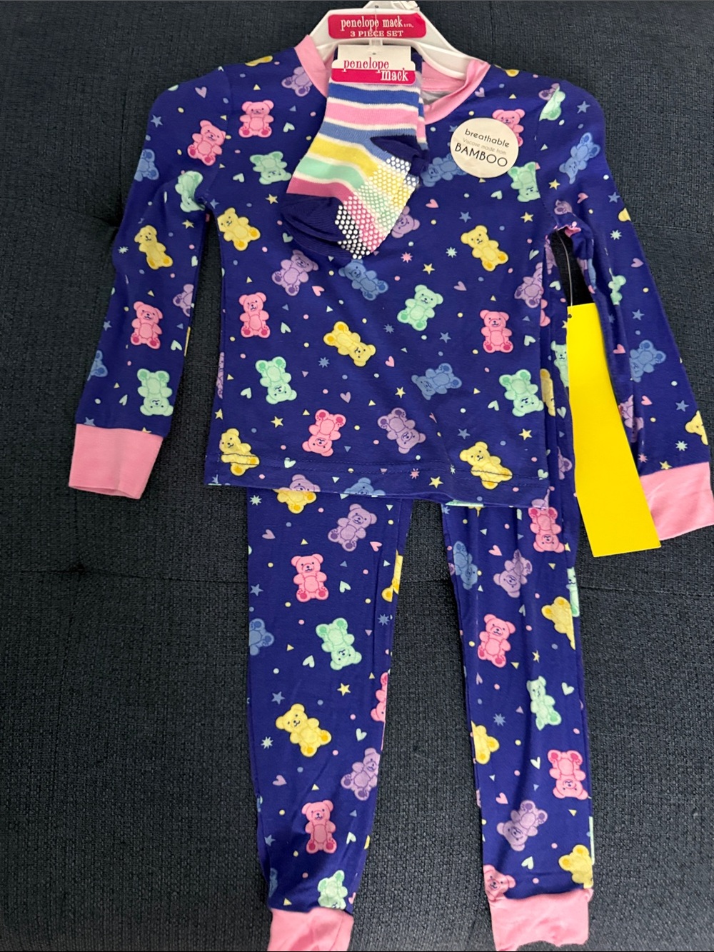 Penelope Mack Navy Pajama Set with Rainbow Teddy Print and Pink Accents